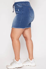 Plus Pull On Fray Hem Skirt - Medium Wash