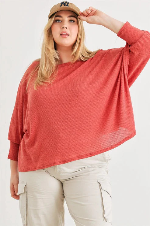 Plus Size Waffle Knit Batwing Sleeve Top - Berry