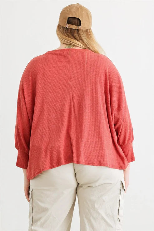 Gilli Plus Size Waffle Knit Batwing Sleeve Top - Berry