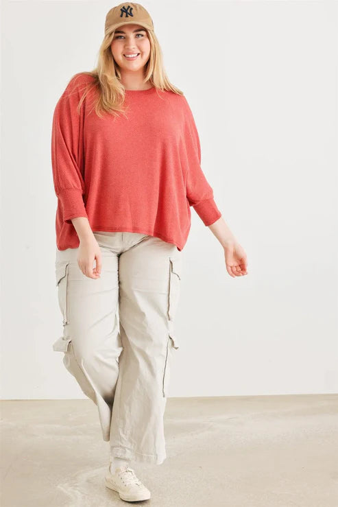 Gilli Plus Size Waffle Knit Batwing Sleeve Top - Berry